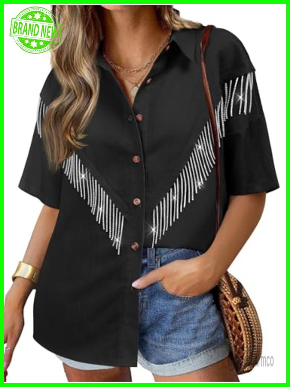 Womens Sparkly Fringe V Neck Button Down Western Cowgirl Blouse